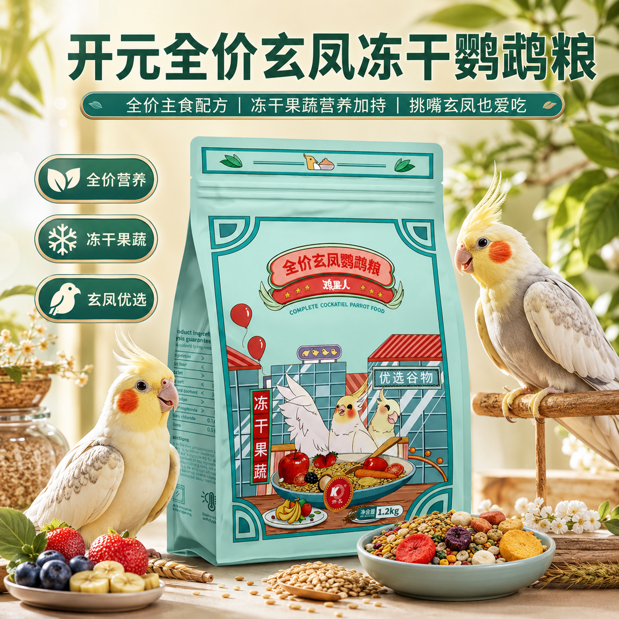 开元玄凤鹦鹉鸟粮饲料无壳鸟食全价营养冻干果蔬挑嘴爱吃主粮