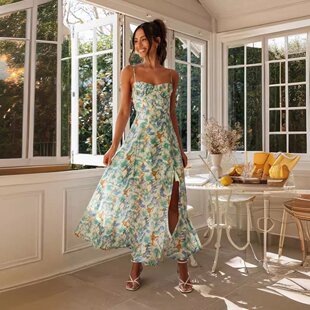 吊带印花下摆开衩露背长款 连衣裙 2024新款 欧美跨境夏季