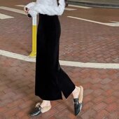 金丝绒长款 半身裙女黑色开叉包臀裙加绒秋冬新款 高腰显瘦直筒长裙