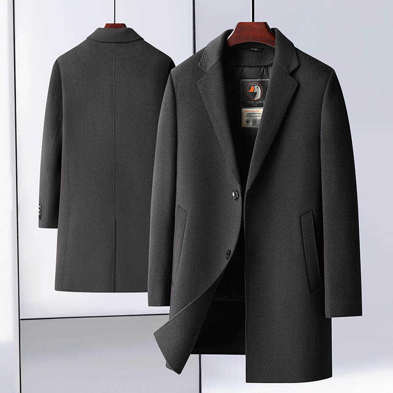 2024秋冬羊毛呢大衣男韩版修身双面呢鹅绒内胆外套中长款加厚棉衣