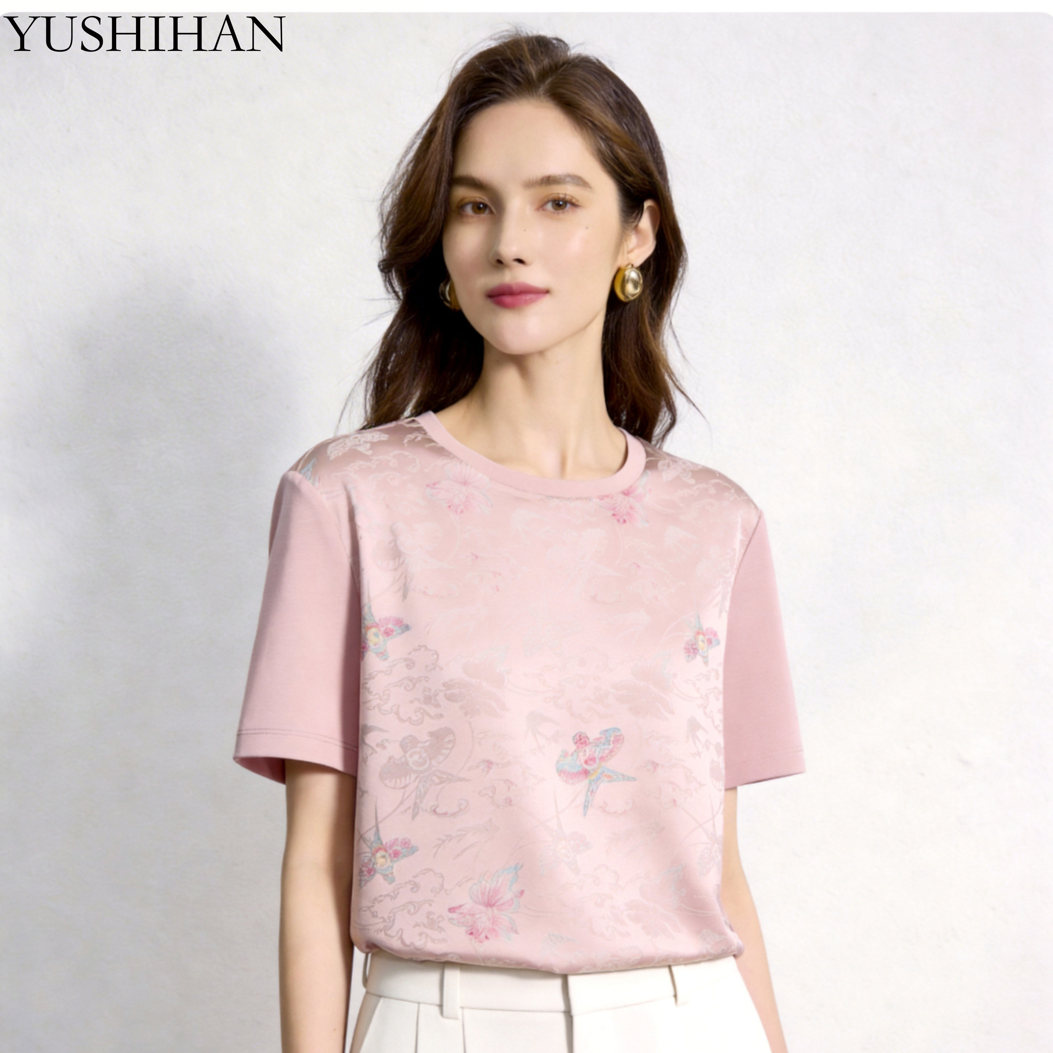 新中式桑蚕丝提花短袖T恤女夏