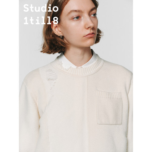 Studio1till8拼接破洞毛衣圆领
