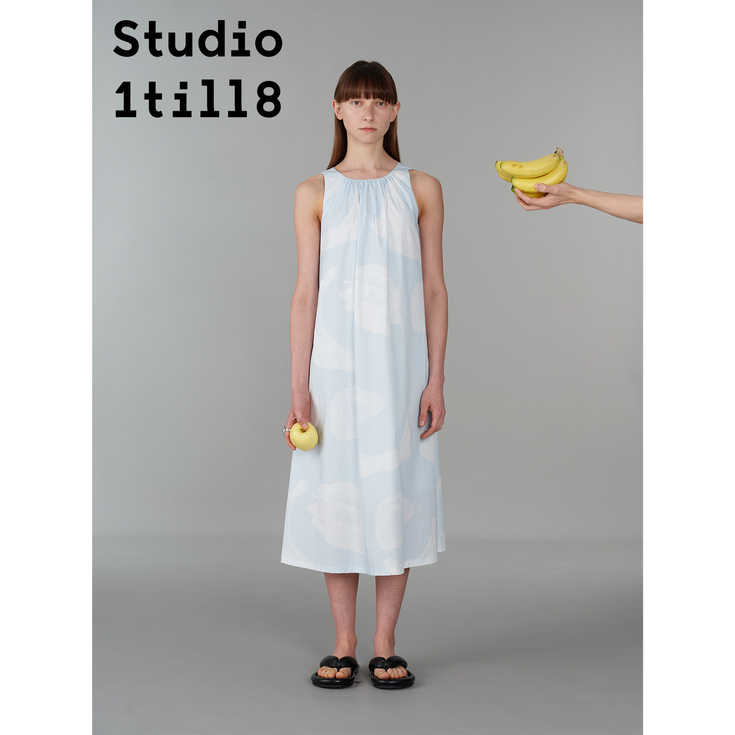 Studio1till8｜蓝白水果涂鸦印花长裙全棉亲肤度假A字背心连衣裙