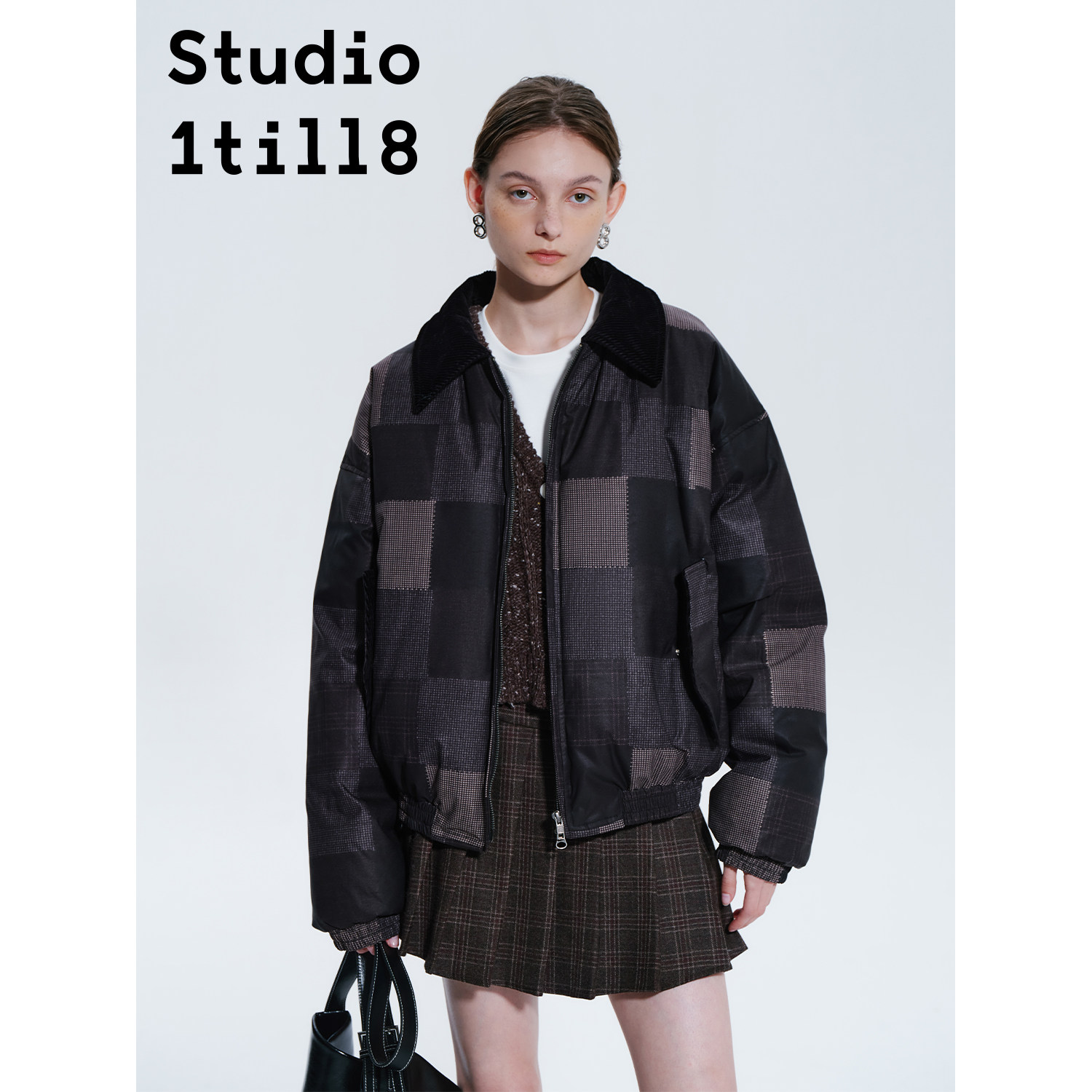 Studio1till8格子拼接印花羽绒服图片