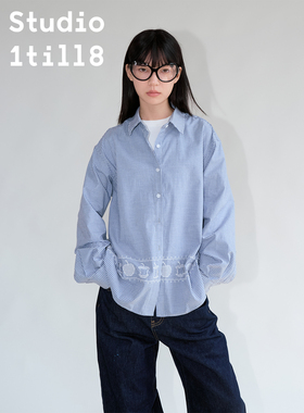 Studio1till8 蓝白格纹学院风衬衣苹果变化刺绣宽松翻领纯棉衬衫