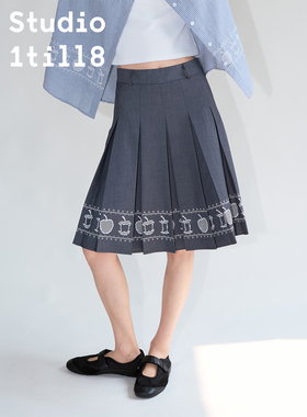 Studio1till8 灰色苹果变化刺绣工字褶半裙学院风A子中长款百褶裙