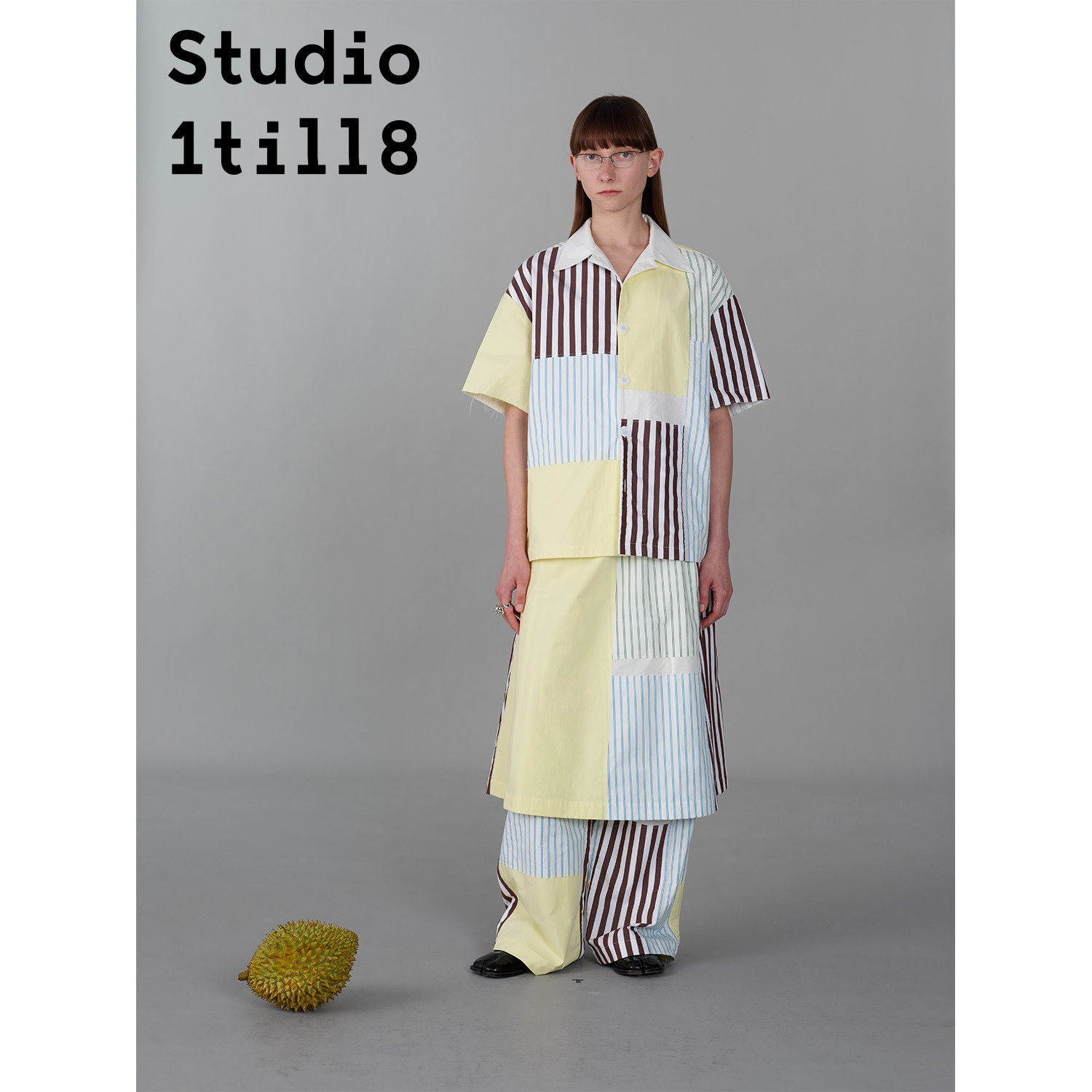 Studio1till8｜全棉廓形宽松衬衣彩色条纹拼布古巴领短袖衬衫