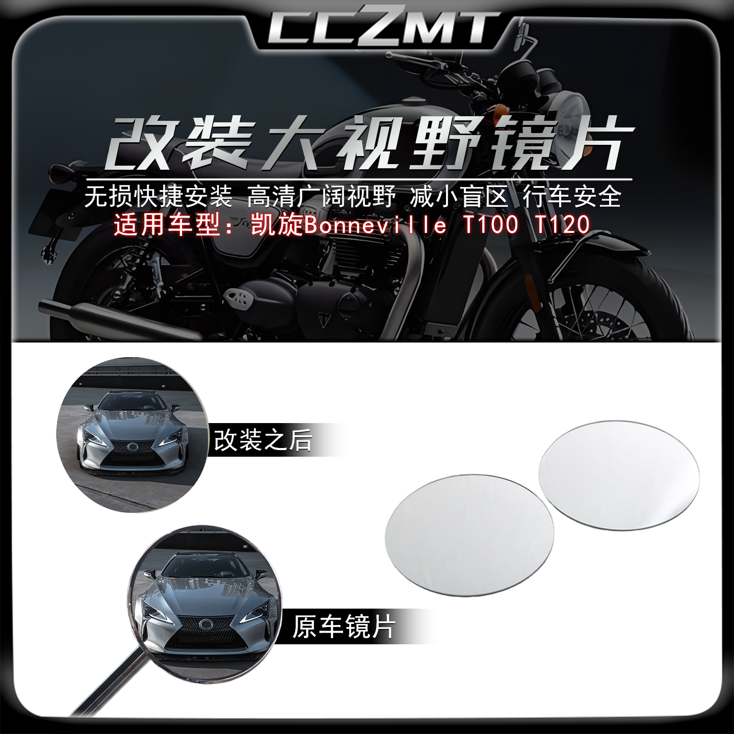 适用BonnevilleT100大视野镜片