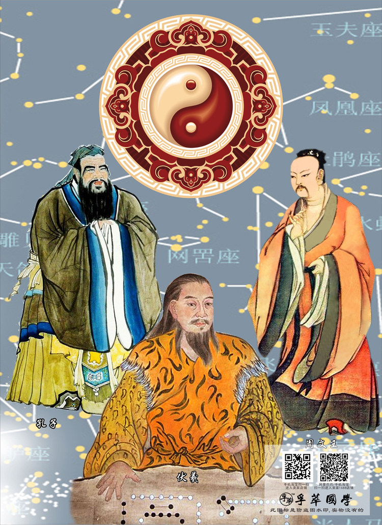 三圣图周易经伏羲周文王孔子画像古代圣人八卦图太极图书房装饰画