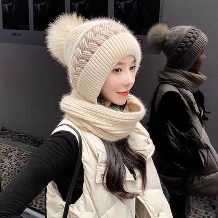 帽子女冬季韩版加绒围脖加厚毛线帽护耳连体帽骑车防风御寒保暖帽