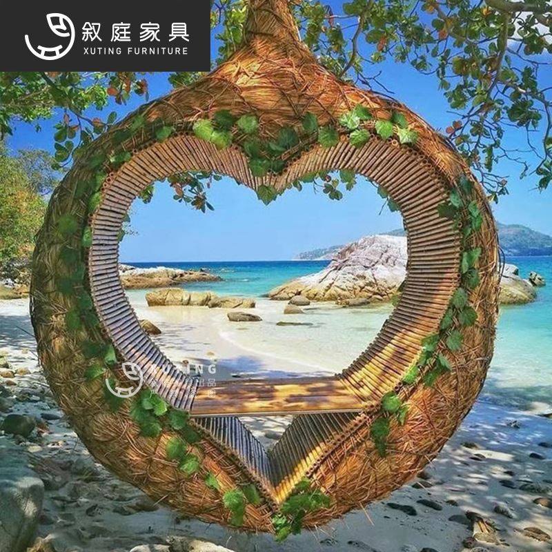 巴厘岛网红鸟巢秋千景区婚纱拍摄道具创意悬挂圆形床户外民宿鸟巢