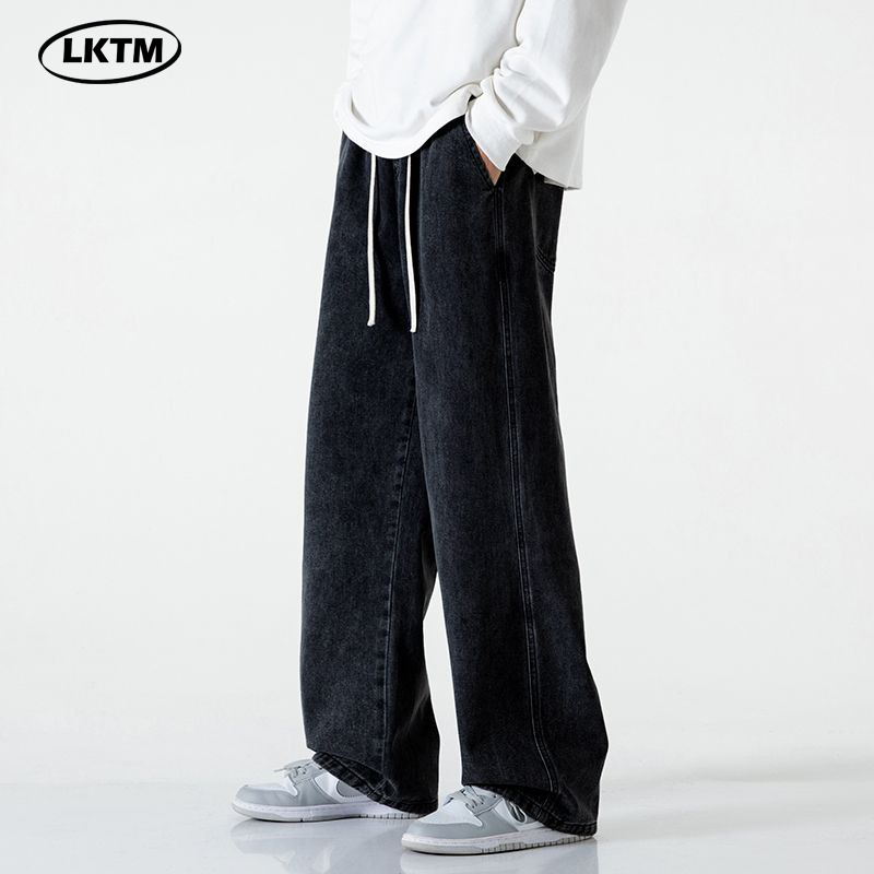 LKTM男装#2025春季新款黑色牛仔裤男抽绳松紧带宽松阔腿直筒裤子