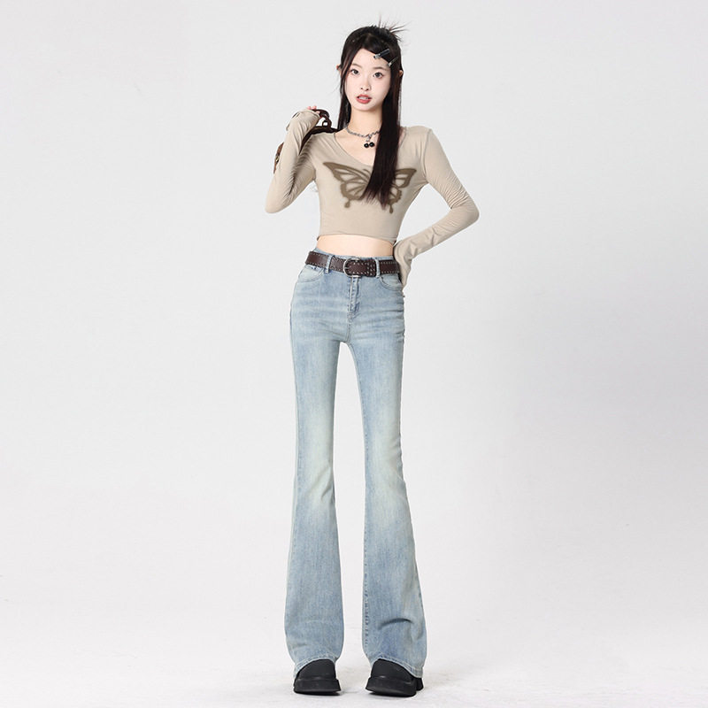 稚橘#韩系甜酷潮流辣妹微喇牛仔裤女高腰修身显瘦显高时髦喇叭裤