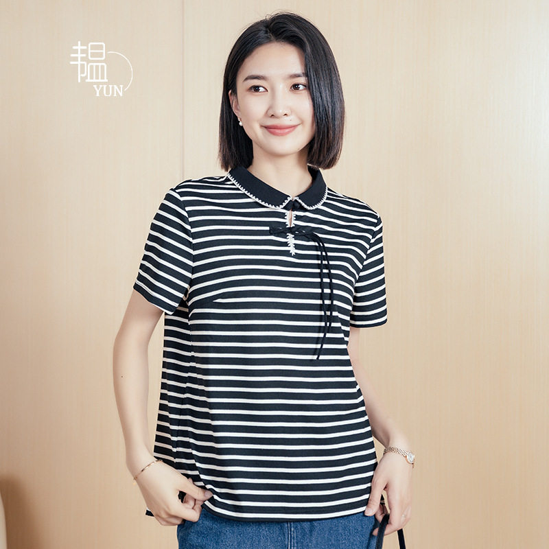 YUN韫夏季新款条纹女衬衫翻领2025韩版宽松小众设计感纯棉衬衣