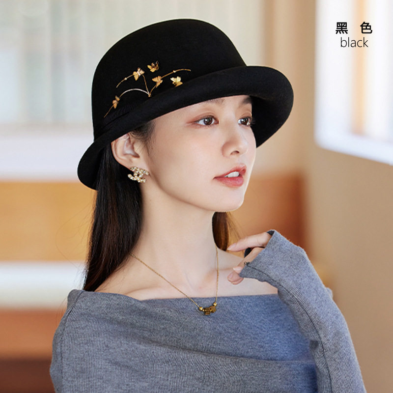 秋冬韩版亮片手缝花朵双边卷边小圆帽羊毛呢贝蕾帽画家帽毡帽