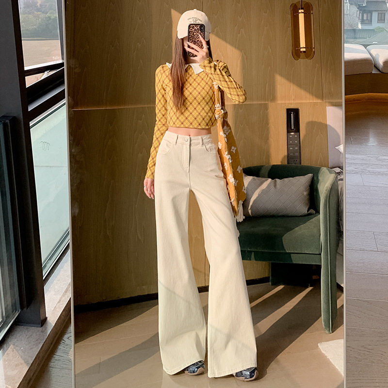 韩版休闲浅色微喇牛仔裤女不贴腿高腰宽松显瘦简约慵懒百搭喇叭裤