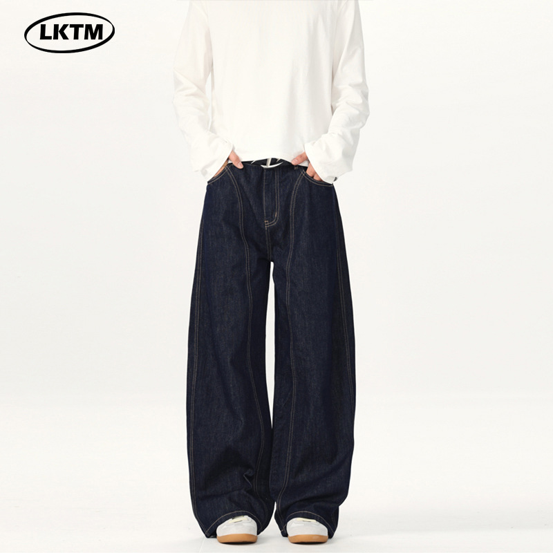 LKTM男装#美式简约原牛色弯刀牛仔裤男女百搭宽松阔腿松弛感长裤