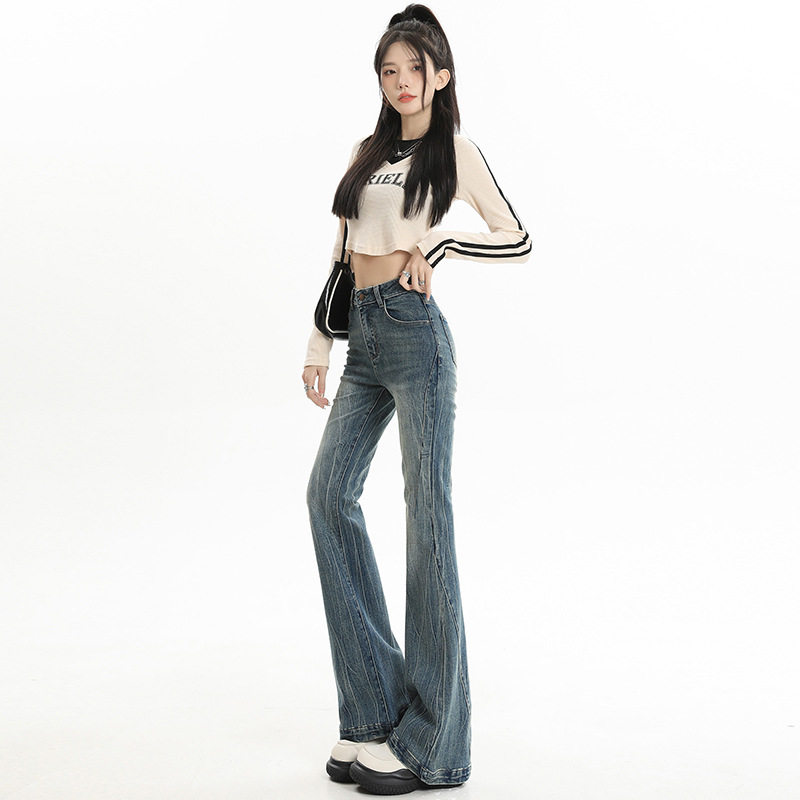 稚橘#港风做旧猫须微喇牛仔裤女薄绒高腰显瘦显高气质百搭喇叭裤