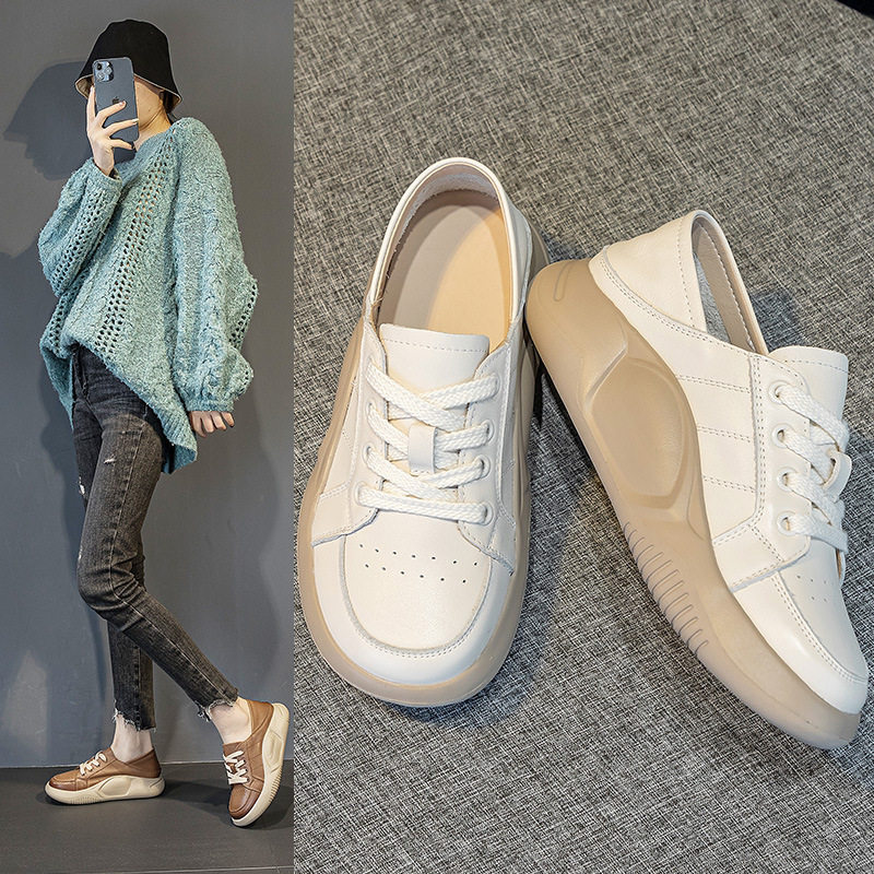 头层牛皮厚底护士小白鞋女2026春季新款复古系带透气休闲单鞋