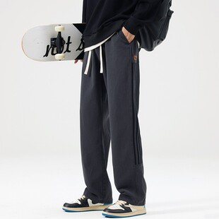 2026微弹舒适直筒长裤子男生ins百搭条纹设计感系绳松紧腰裤子男