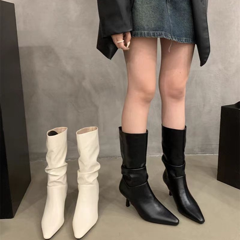 细跟白色堆堆中筒骑士靴女鞋2025新款秋冬季时装靴尖头气质高跟