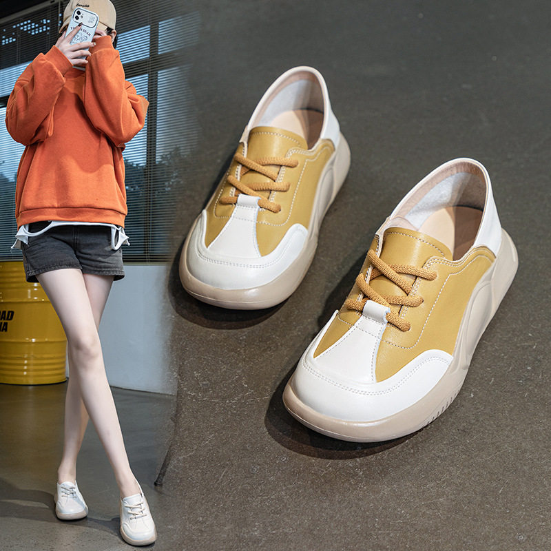 头层牛皮休闲厚底鞋女士新款单鞋两穿系带踩跟小白鞋工作护士鞋