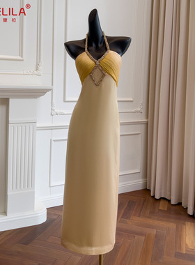 名媛千金缝钻性感挂脖连衣裙法式修身显瘦晚宴轻奢礼服长裙 68813