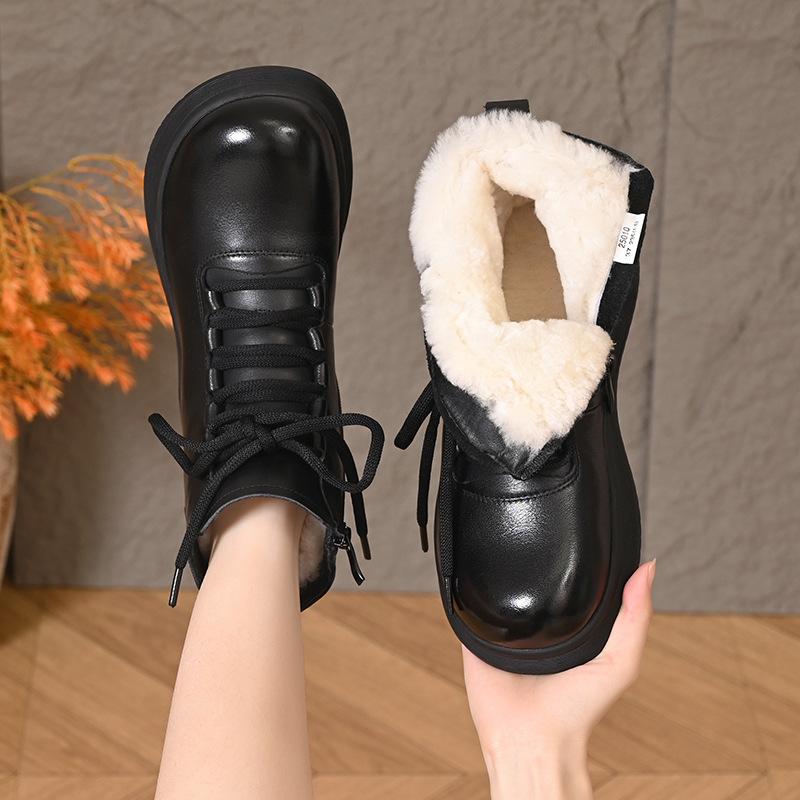 新款雪地靴羊皮毛一体短靴厚底加绒防滑保暖头层牛皮加厚棉靴女冬