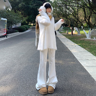 橙绢女装#白色修身加长瑜伽运动裤春季新款美式高腰微喇休闲裤女