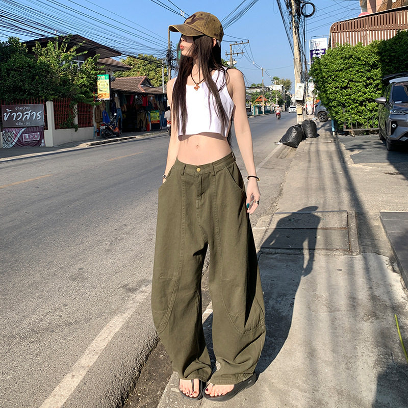 稚橘#日系宽松橄榄绿阔腿牛仔裤女高腰显瘦潮流百搭松弛感香蕉裤