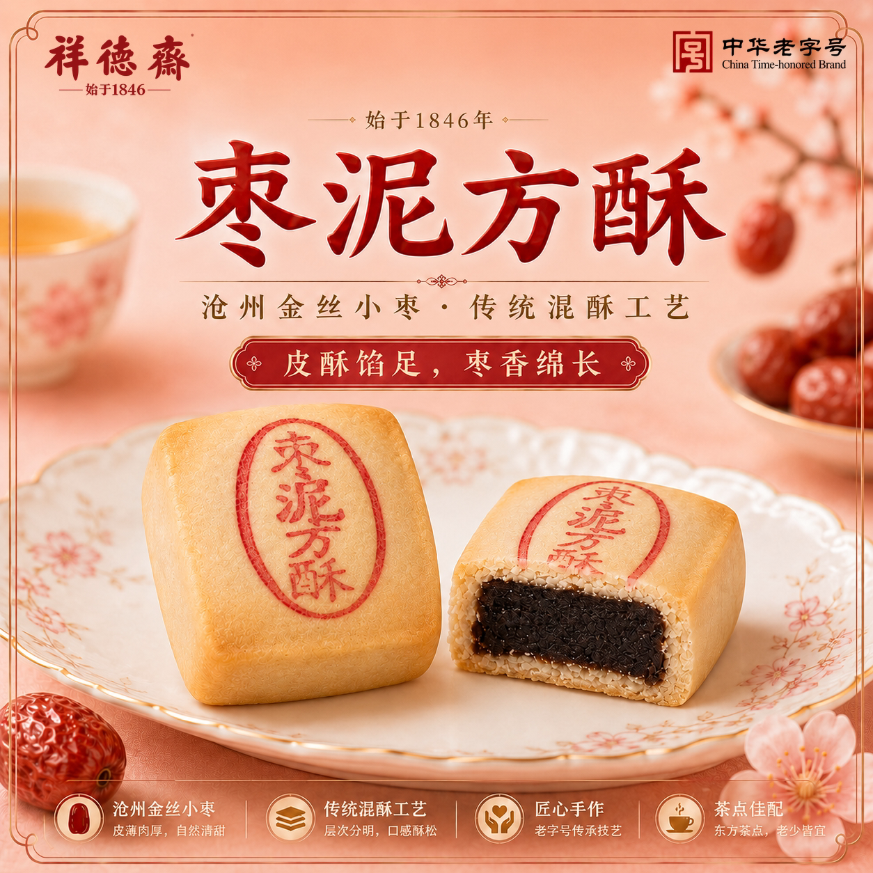 天津祥德斋特色小吃枣泥方酥传统老式点心非遗手工糕点白酥皮零食