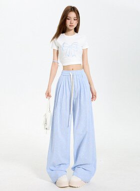 TXJ蓝色多巴胺波点提花直筒休闲裤女夏季高腰显瘦气质阔腿长裤