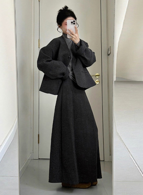 超好看韩系小香风秋冬穿搭打底衫叠穿气质毛呢西装外套半身裙套装