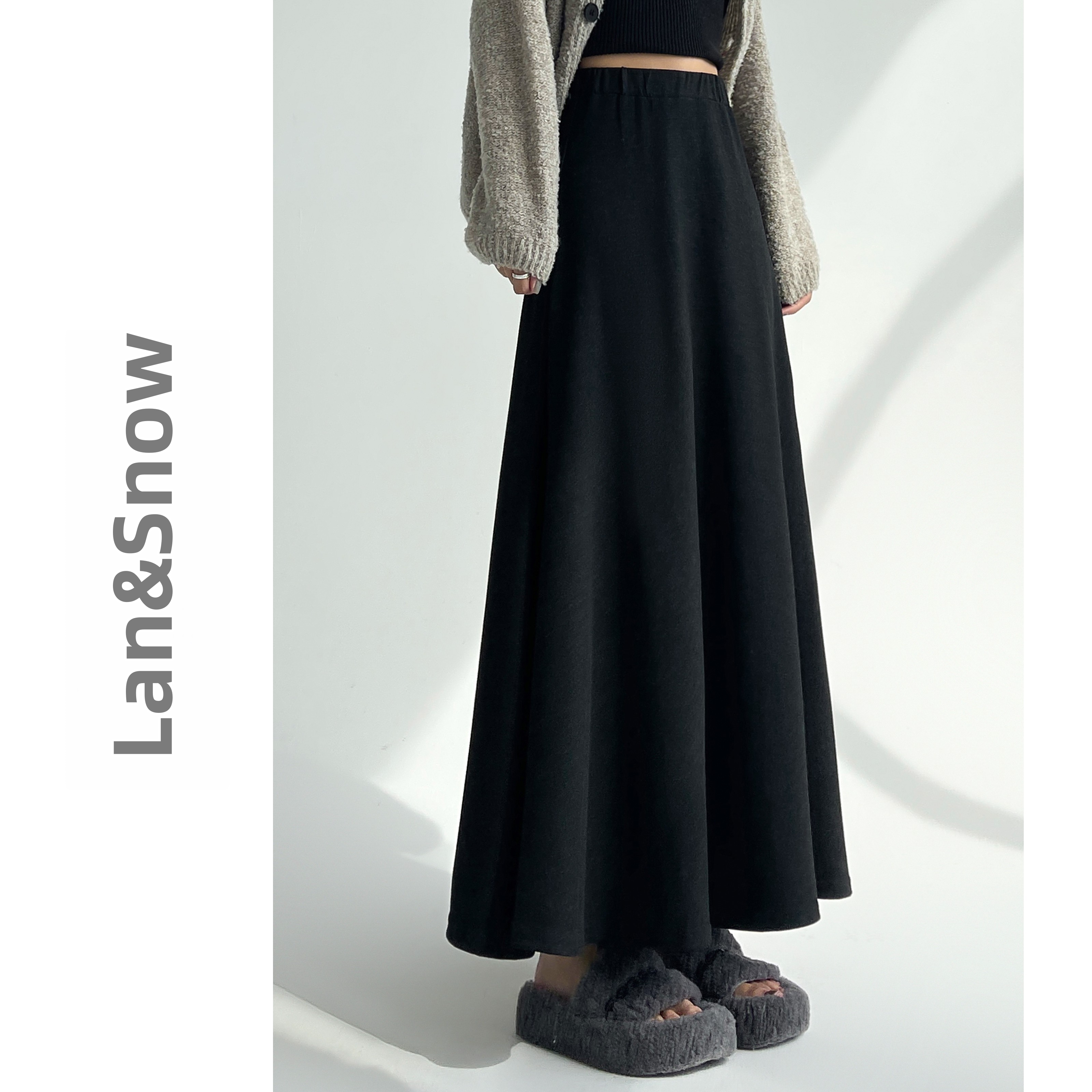 韩系黑色针织半身裙女春季高腰显瘦垂感中长款气质感糯米a字裙子