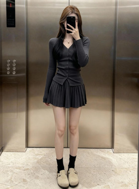 秋冬新款穿搭一整套时尚富家千金御姐盐系轻熟风毛衣套装百褶裙子