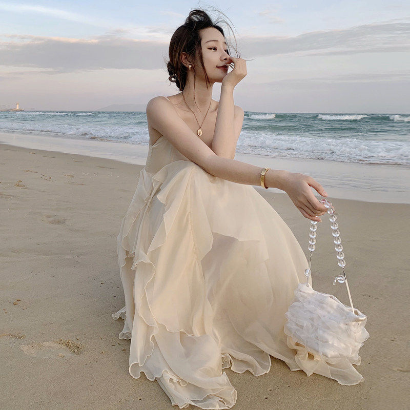 海边度假仙女吊带A字连衣裙