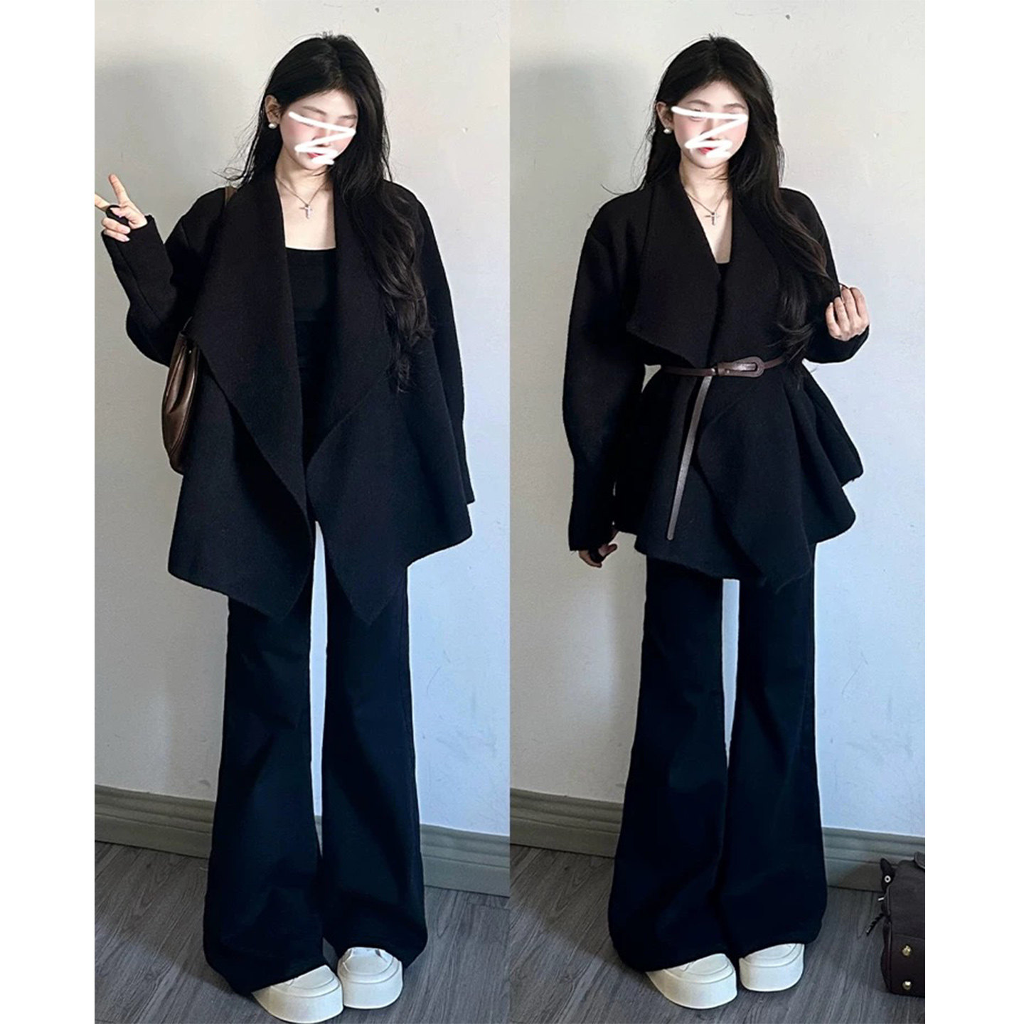 2025秋冬新款韩系高级感气质黑色翻领针织开衫毛衣外套女小个子