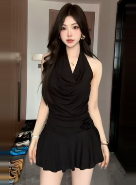 法式假两件吊带挂脖蕾丝边连衣裙子女夏季新款气质纯欲收腰短裙