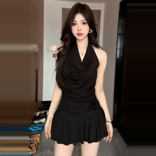 气质纯欲收腰短裙 新款 法式 假两件吊带挂脖蕾丝边连衣裙子女夏季