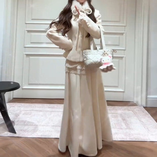 富家千金小香风毛呢连衣裙子女2026秋冬新款温柔冷清感长裙套装
