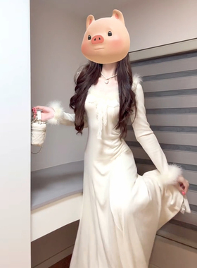 法式蕾丝拼接高级感杏色针织连衣裙子女秋冬2025新款气质收腰长裙