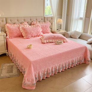 高端a类剪花牛奶绒床盖夹棉加厚防滑床单三件套冬保暖珊瑚绒单件