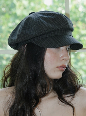 JOJOKUR蓝黑细格羊毛报童帽 早秋新品小众高级感通勤贝雷帽显脸小