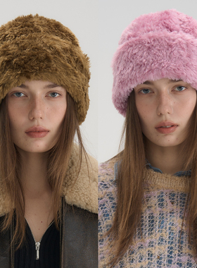 JOJOKUR 进口真丝面料长毛绒保暖显脸小双色秋草黄色粉红冷帽百搭