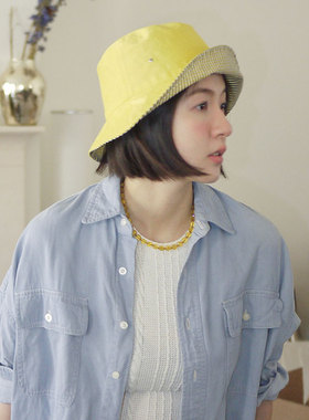 JOJOKUR 俏皮黄色小格纹不对称正反两戴丝麻面料防晒渔夫帽盆帽