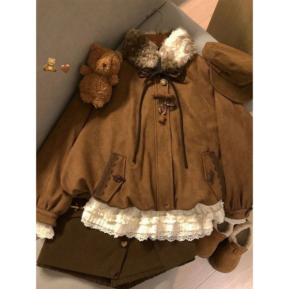 【糖炒栗子】小个子日系古早复古文艺冬季花苞外套+短裙+内搭套装