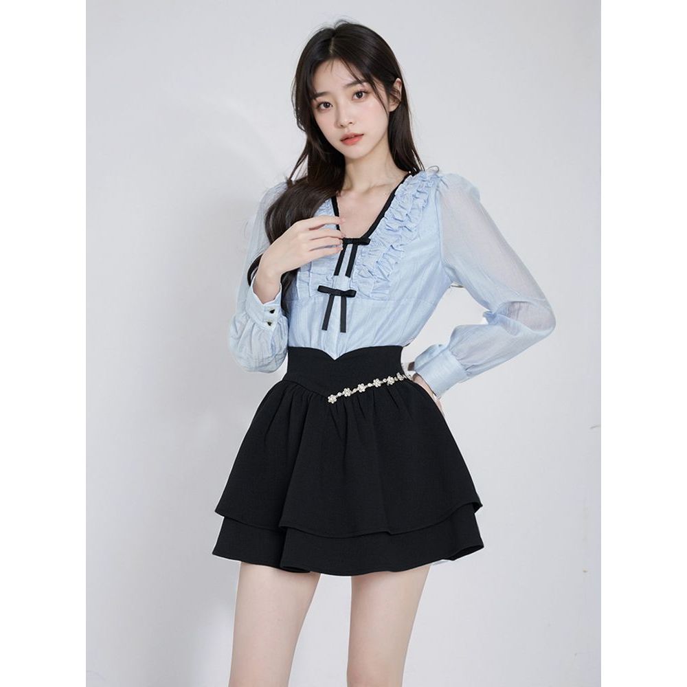学院风休闲时尚套装裙女士2023初秋新款甜美气质衬衫半身裙两件套