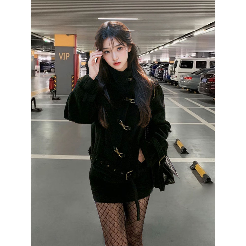 【千金缔造者】黑色毛呢加厚立领短外套半身短裙小个子套装女