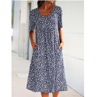 style floral short sleeve neck mid Resort length round