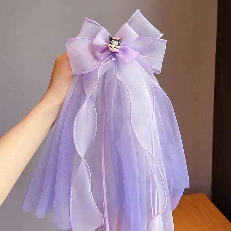 儿童紫色蝴蝶结公主头纱女孩发夹头饰宝宝飘带发卡小学生女童发饰